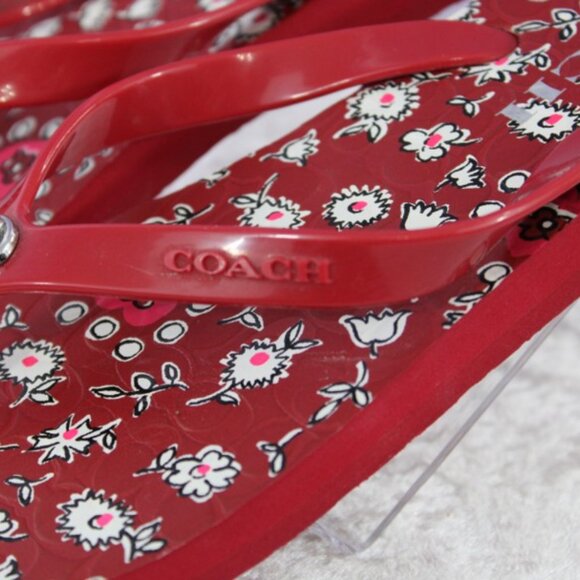 Coach Red Floral Print Flip-Flops Sandals Size 5–6 Logo Detail - Picture 6 of 7